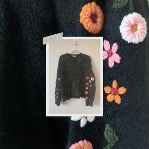 Black Knitted Sweater with Floral Embroidered Details on Sleeves Size Large